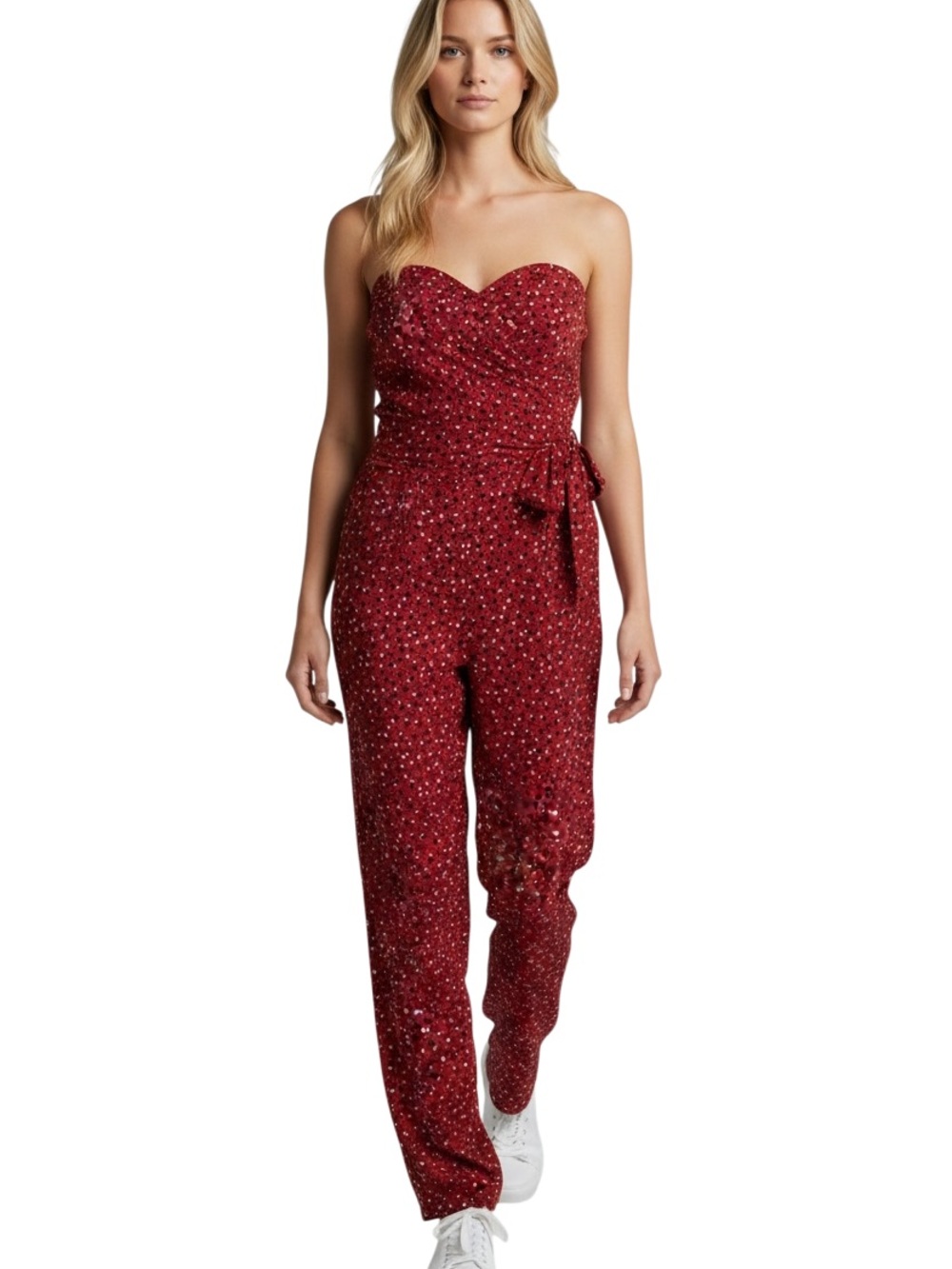 Trixxi Strapless Red Sequin Sweetheart Jumpsuit with Tie Waist